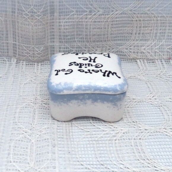 Handmade Ceramic Square Trinket Dish White and Blue Lidded With Message - Picture 5 of 9